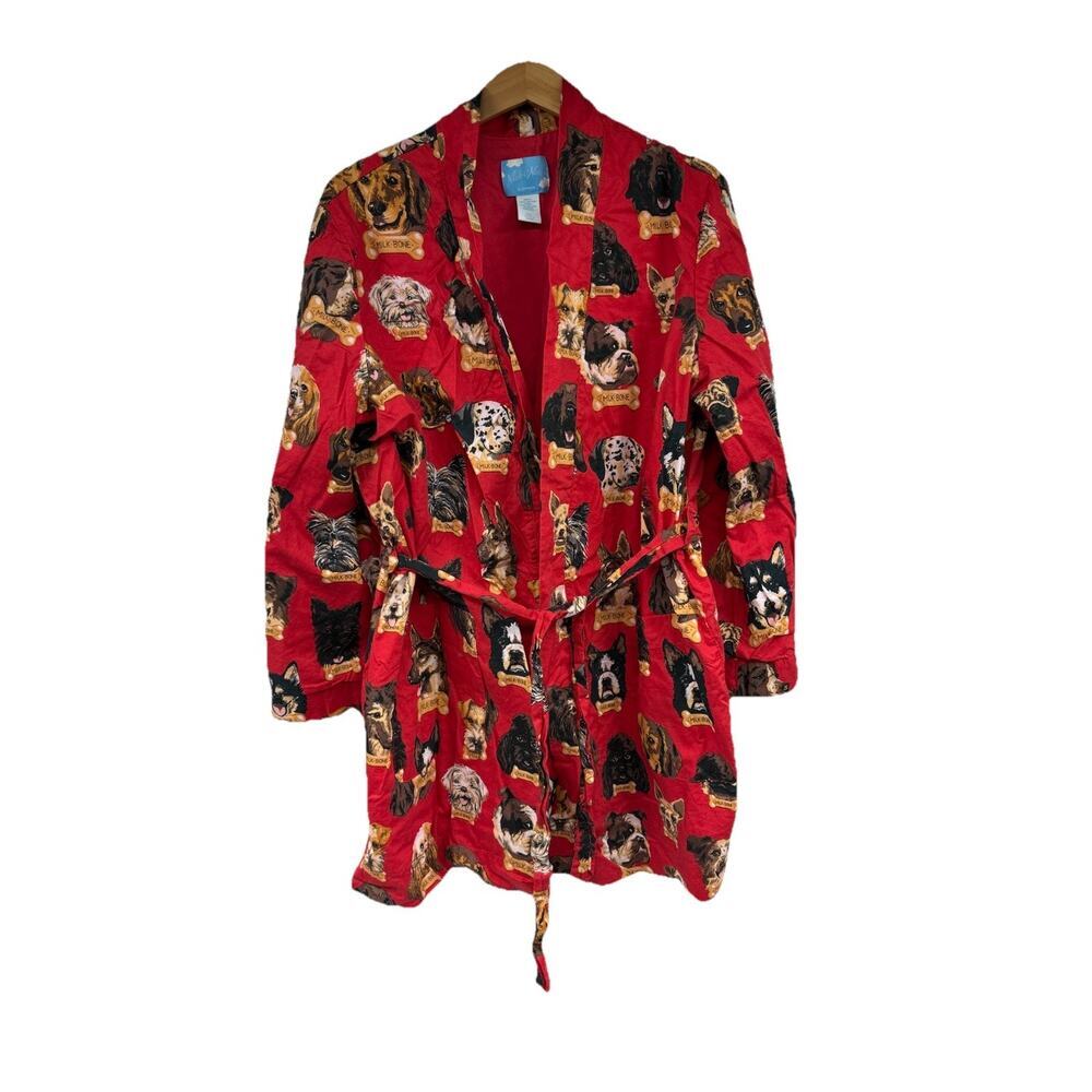 Nick and Nora Robe Women's L/XL Red Milk Bone Dogs 100% Cotton